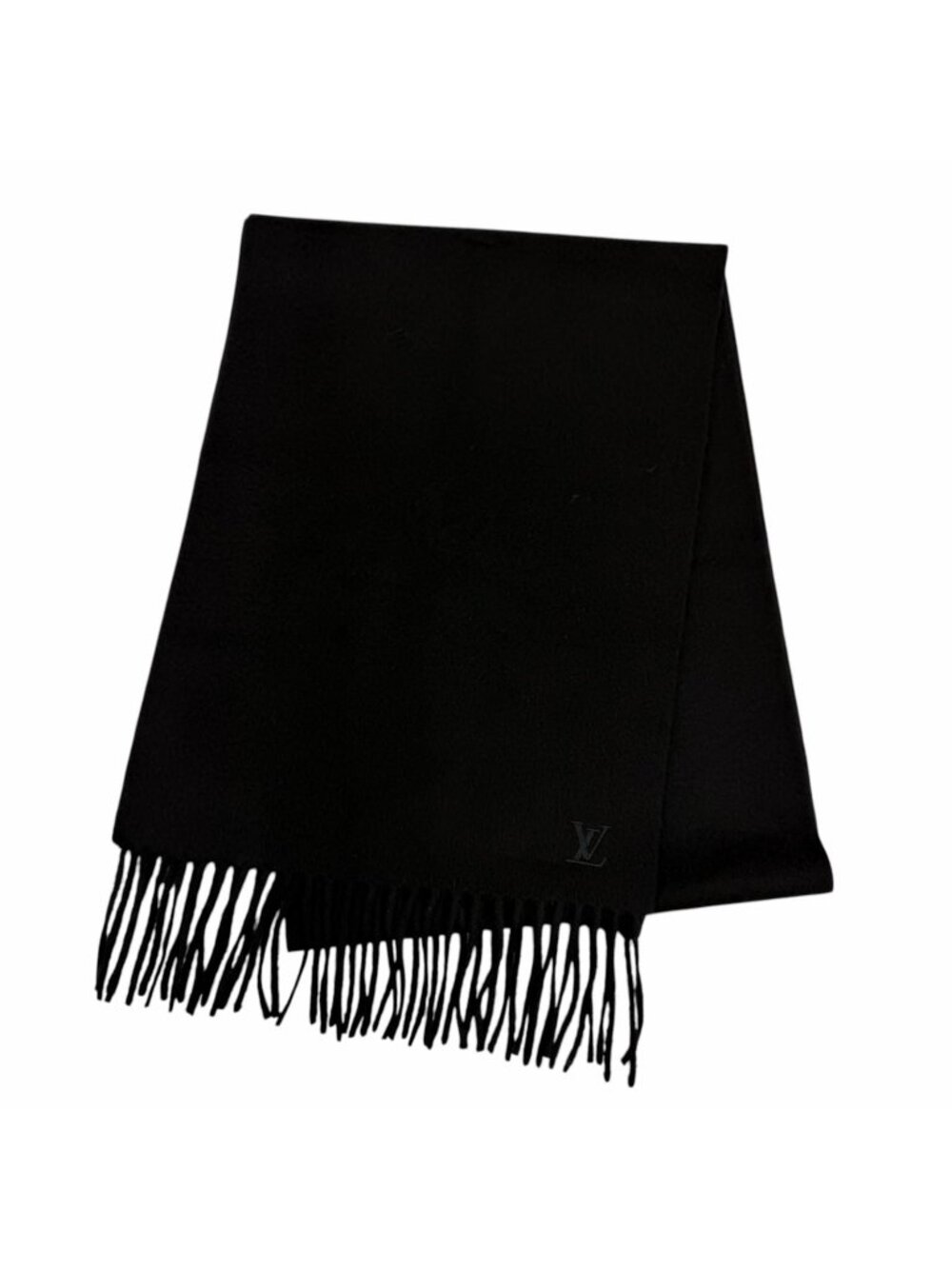 Louis Vuitton Echarpe Jhelum Cashmere Noir LV Logo Embroidery Fringe Scarf